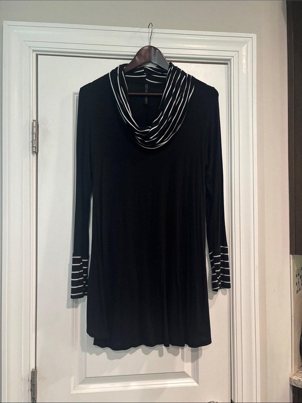 ☀️Black Cowl Neck Long Sleeve Tunic with Striped Trim
